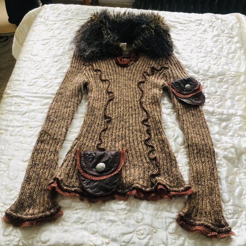 NICOLE BENISTI Signture Collection Y2K Sweater w/ Faux Fur Collar & Leather Sz S